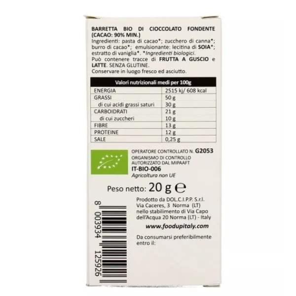 Natura d'Oriente Barretta bio di cioccolato extra fondente (cacao: 90% min.) 20g