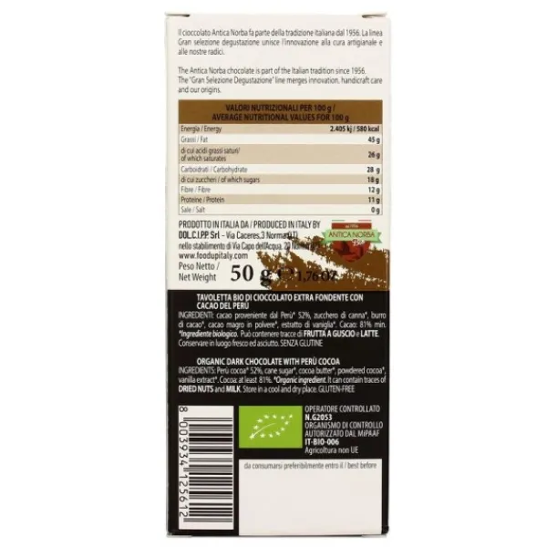 Natura d'Oriente Tavoletta Bio di cioccolato extra fondente 81% con cacao del Perù 50g
